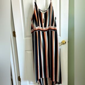 multi color striped midi dress semi hi- lo spaghetti strap